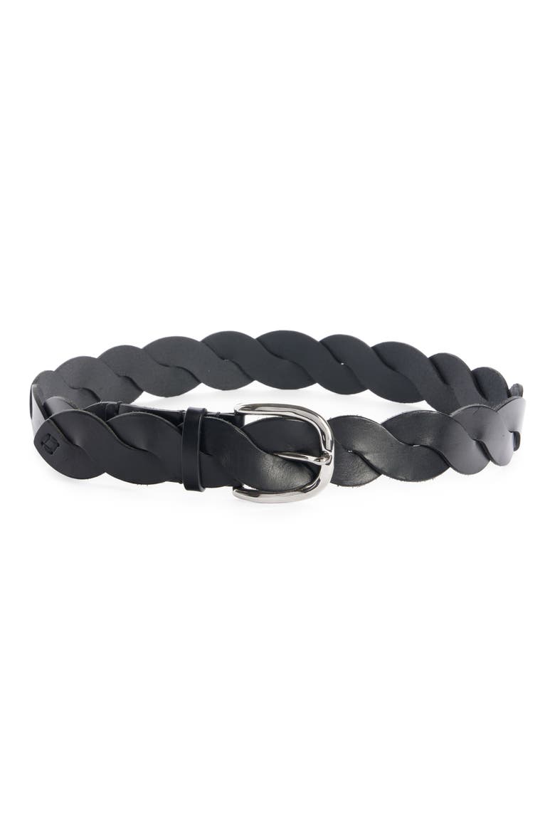 Zigza Woven Leather Belt, Main, color, BLACK/ SILVER BKSI