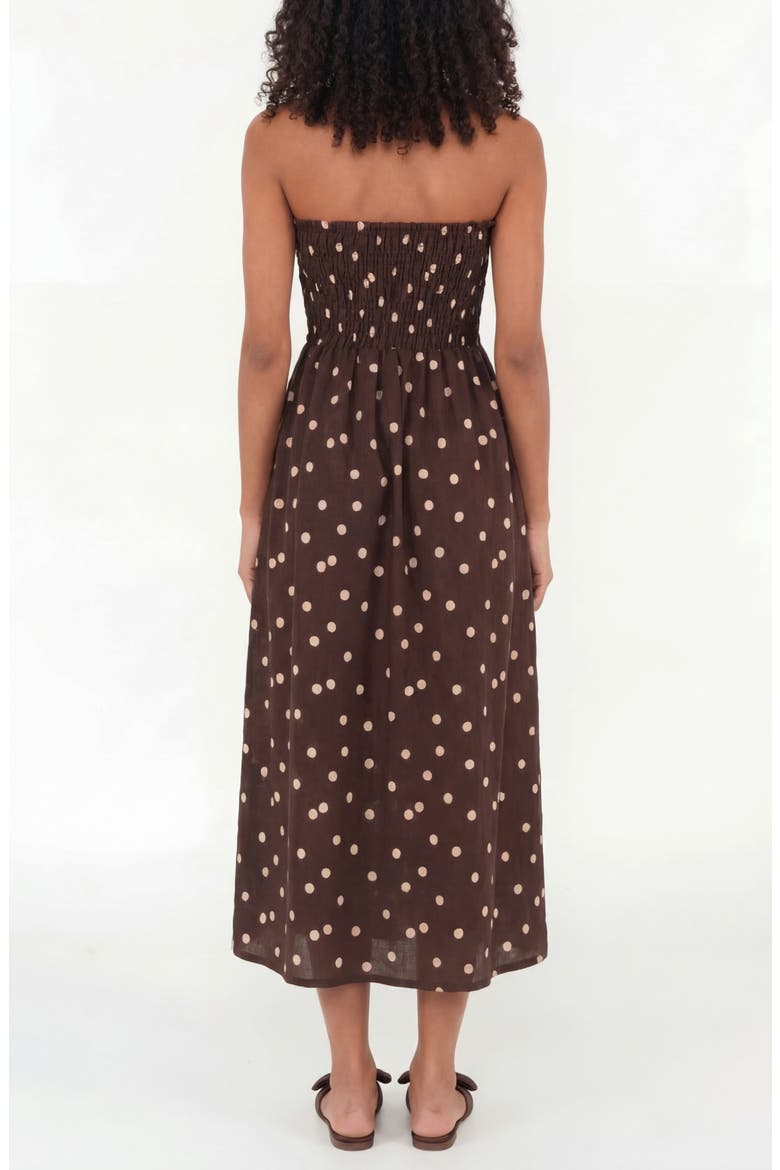 Drift Polka Dot Strapless Smocked Bodice Linen & Cotton Sundress, Alternate, color, POLKA DOT BROWN