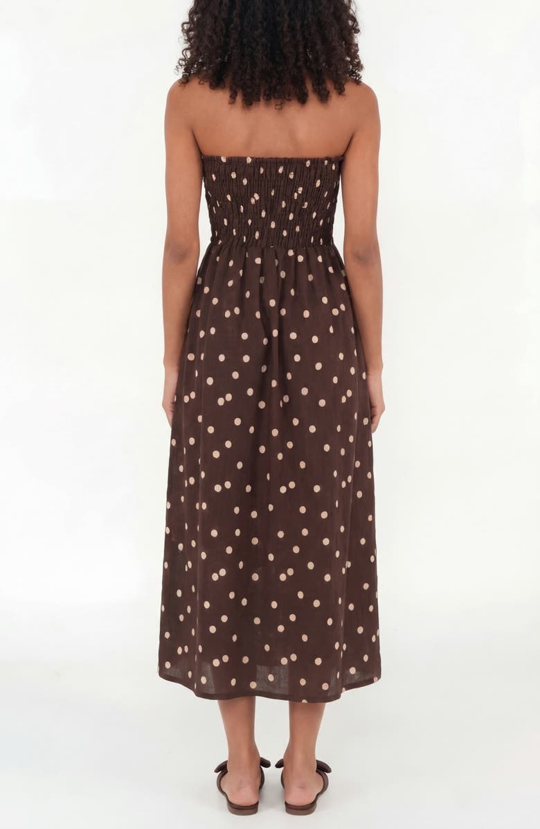 The Lulo Project Drift Polka Dot Strapless Smocked Bodice Linen & Cotton Sundress, Alternate, color, Polka Dot Brown