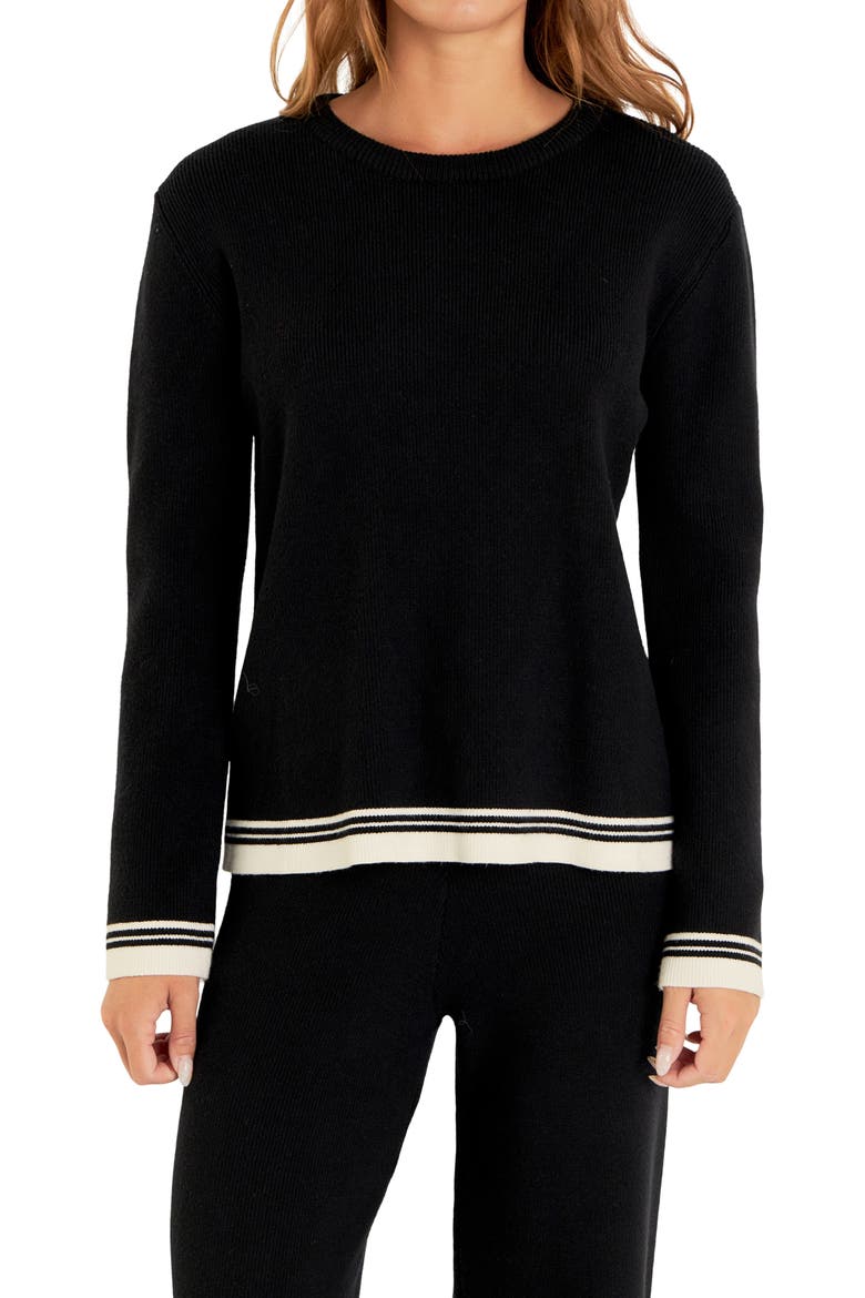 Contrast Stripe Crewneck Sweater, Alternate, color, BLACK/ IVORY