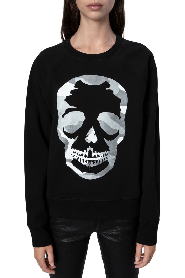 Camo Skull Cotton Graphic Sweatshirt, Main, color, NOIR