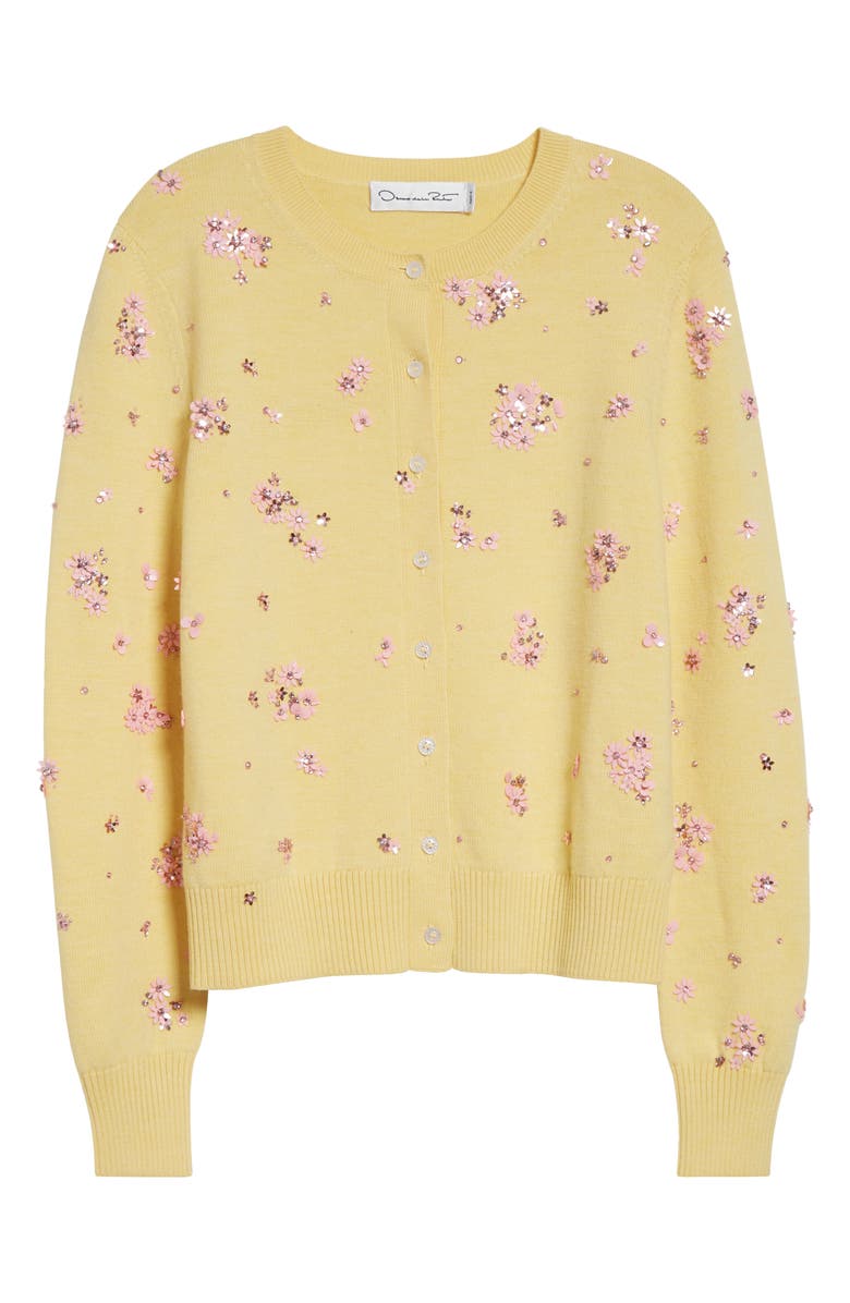 Oscar de la Renta Sequin & Crystal Embroidered Wool Cardigan, Alternate, color, Yellow/ Pink