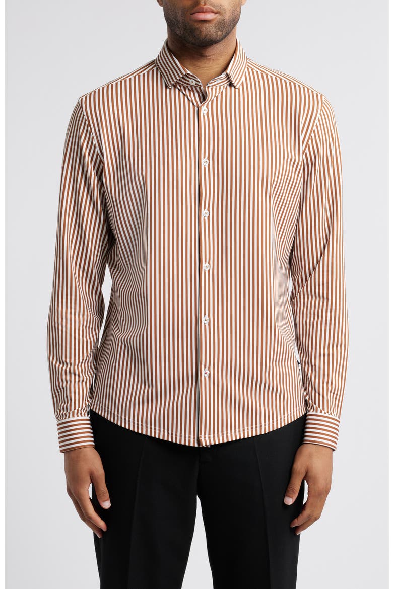Bengal Stripe Techno Stretch Performance Button-Up Shirt, Main, color, DARK ORANGE