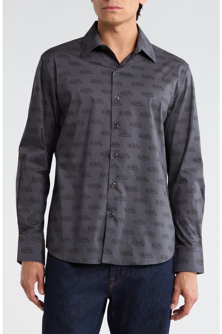 Logo Print Button-Up Shirt, Main, color, DK GREY BLACK
