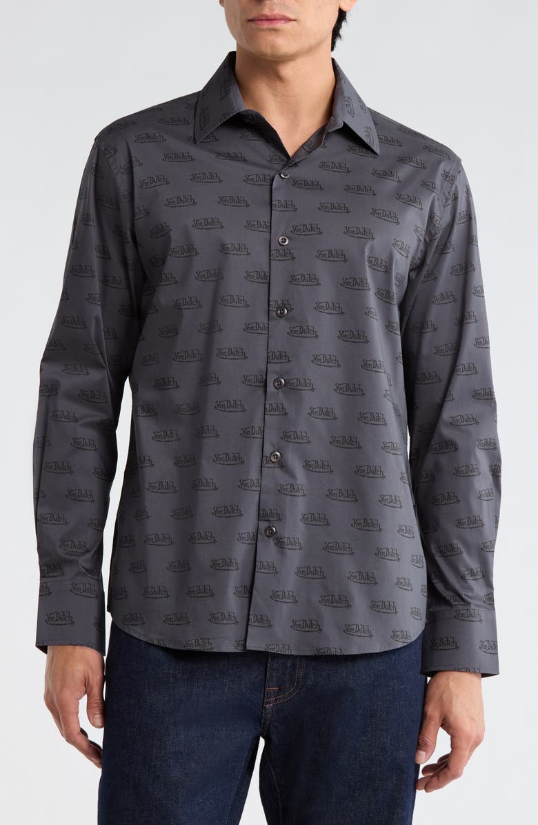 Von Dutch Logo Print Button-Up Shirt, Main, color, Dk Grey Black