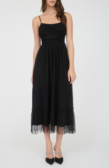 Blu Pepper Polka Dot Empire Waist Mesh Midi Dress In Black