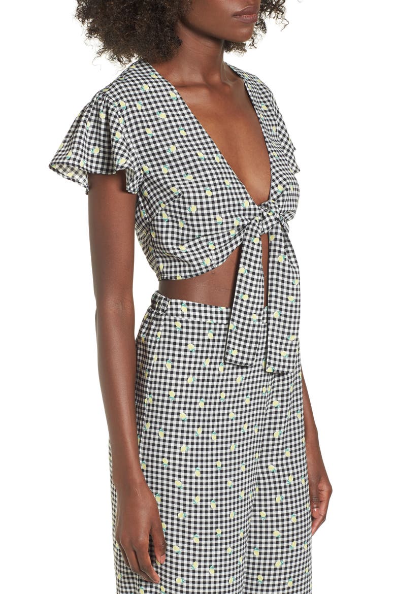 Gingham Tie Front Crop Top, Alternate, color, GINGHAM LEMON PRINT