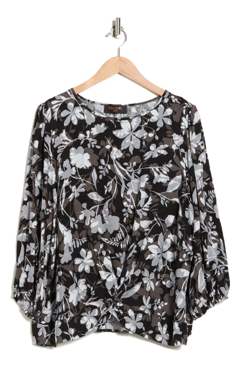 Floral Long Sleeve Twist Front Top, Alternate, color, BLACK