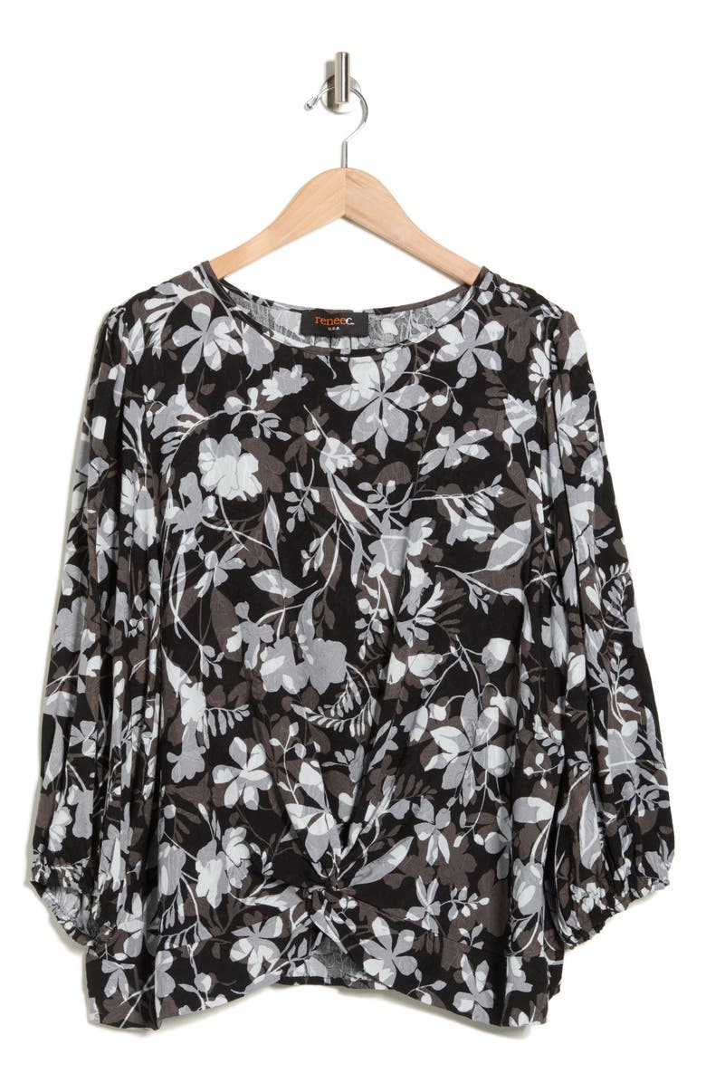 Renee C Floral Long Sleeve Twist Front Top, Alternate, color, Black