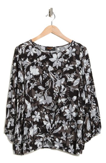 Renee C Floral Long Sleeve Twist Front Top In Black