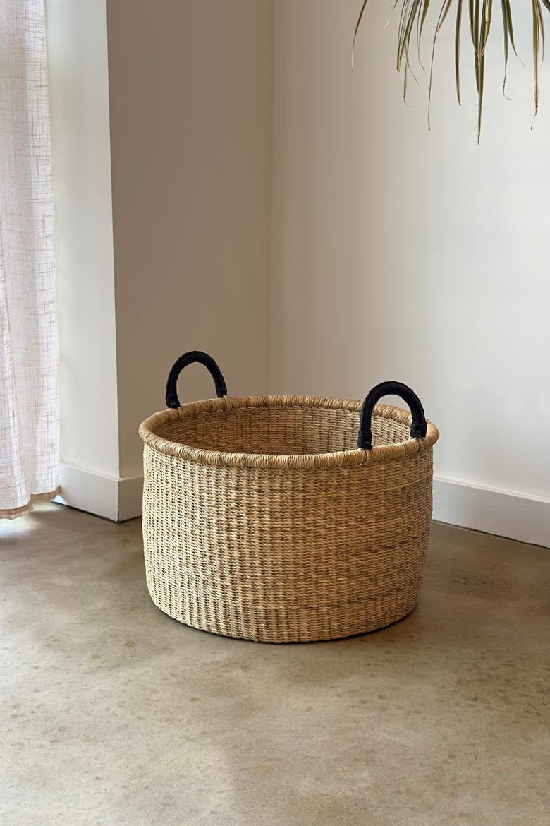 Handwoven Hamper with Leather Handles, Alternate, color, Natural