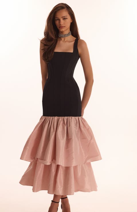 Fitted Formal Occasion Maxi Dress with Tiered Puffy Skirt