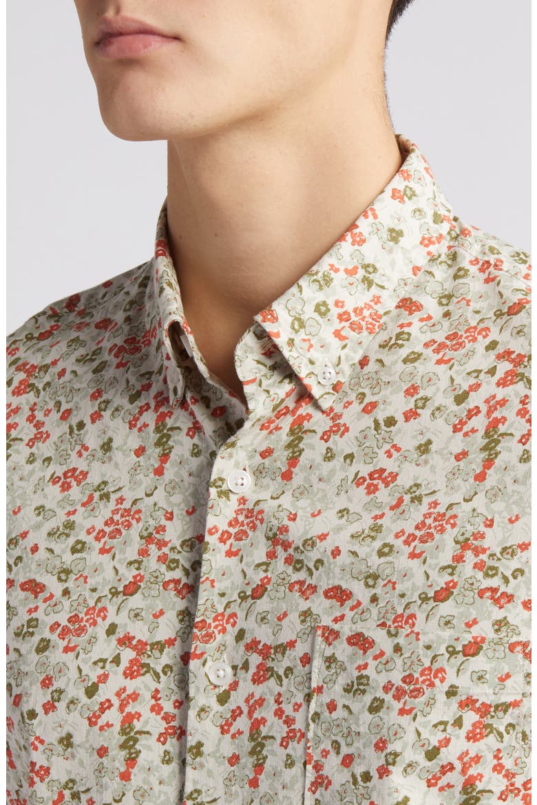 Trim Fit Floral Short Sleeve Stretch Cotton & Linen Button-Down Shirt, Alternate, color, GREY OWL FLORAL DITSY