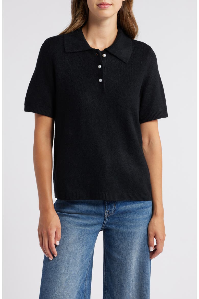 Imitation Pearl Button Polo Sweater, Main, color, RICH BLACK