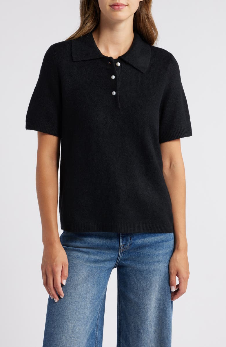 CeCe Imitation Pearl Button Polo Sweater, Main, color,