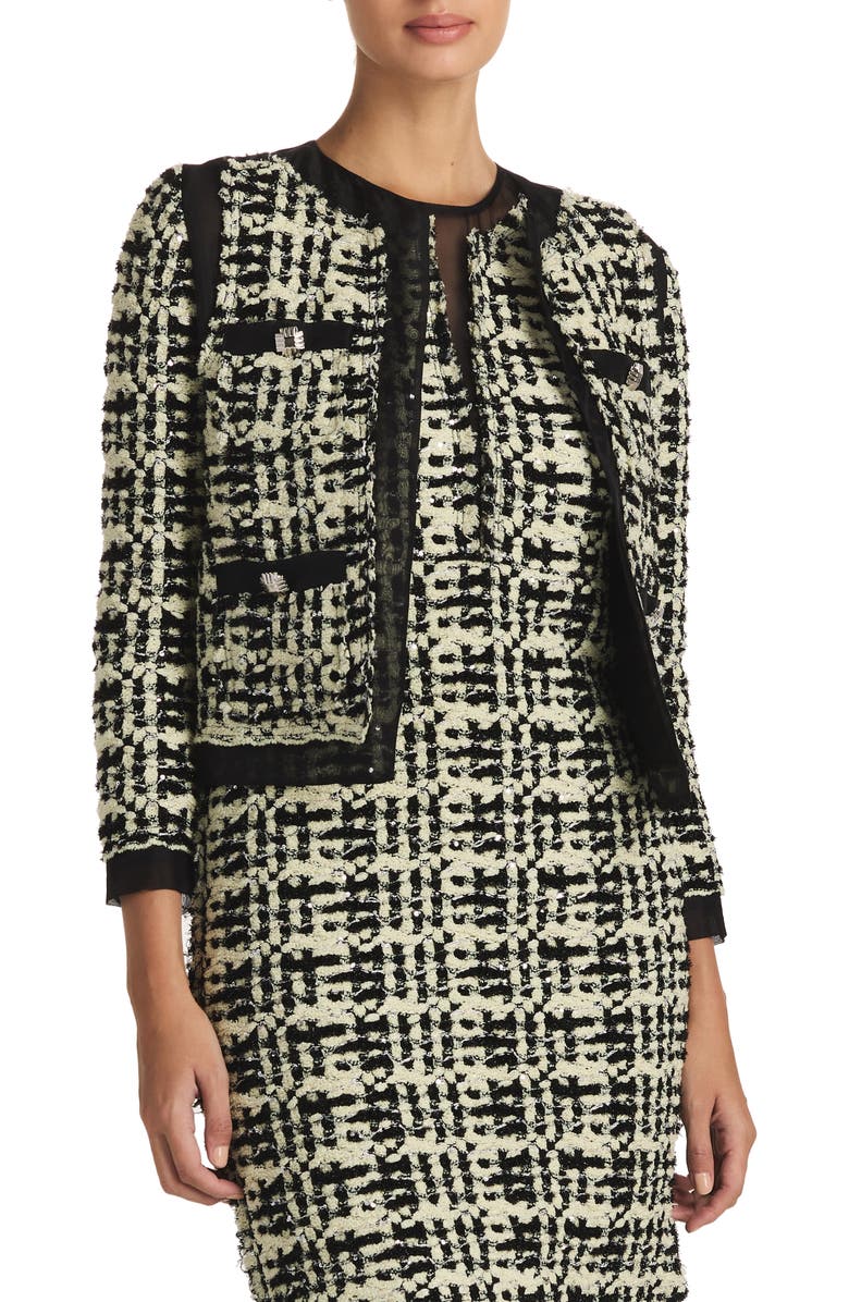 St. John Evening Sequin Plaid Tweed Knit Short Jacket, Main, color, 
