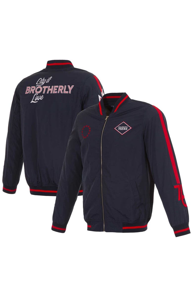 JH DESIGN Men's JH Design White Philadelphia 76ers 2023/24 City Edition Nylon Full-Zip Bomber Jacket, Main, color, 