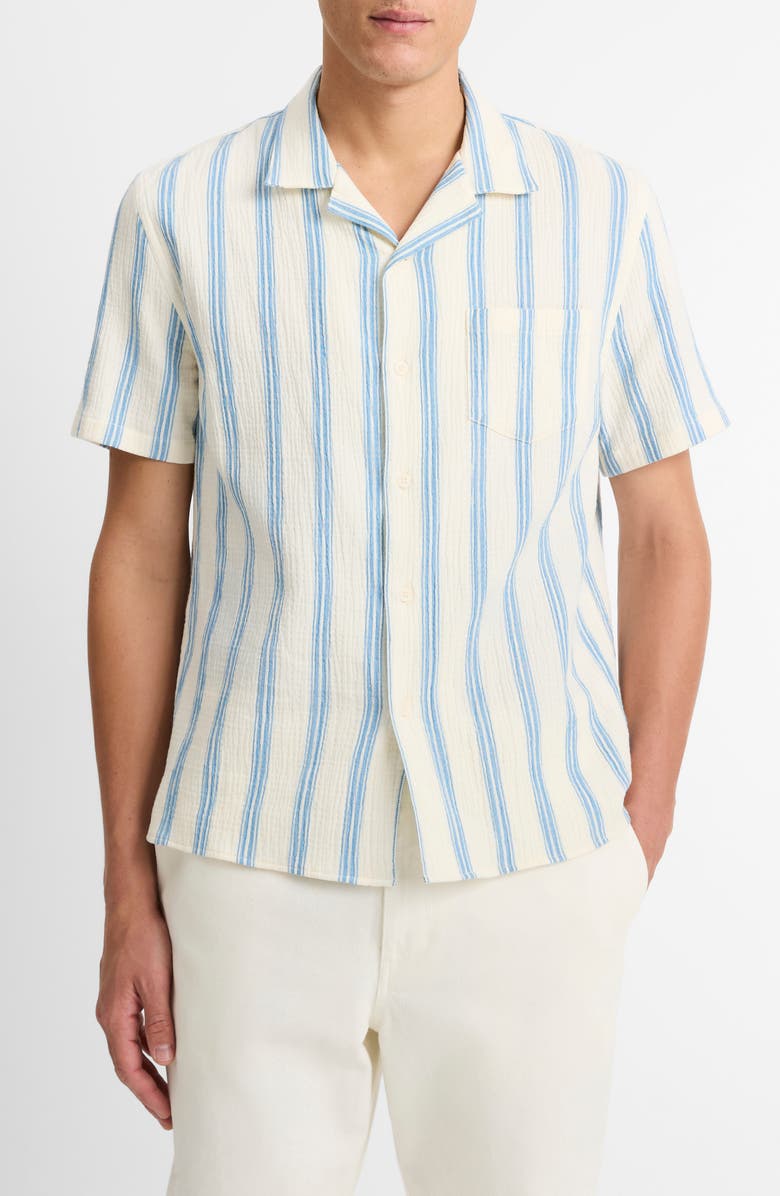 Vince Cabana Stripe Stretch Cotton Camp Shirt, Main, color, Blanco/Cabo Blue