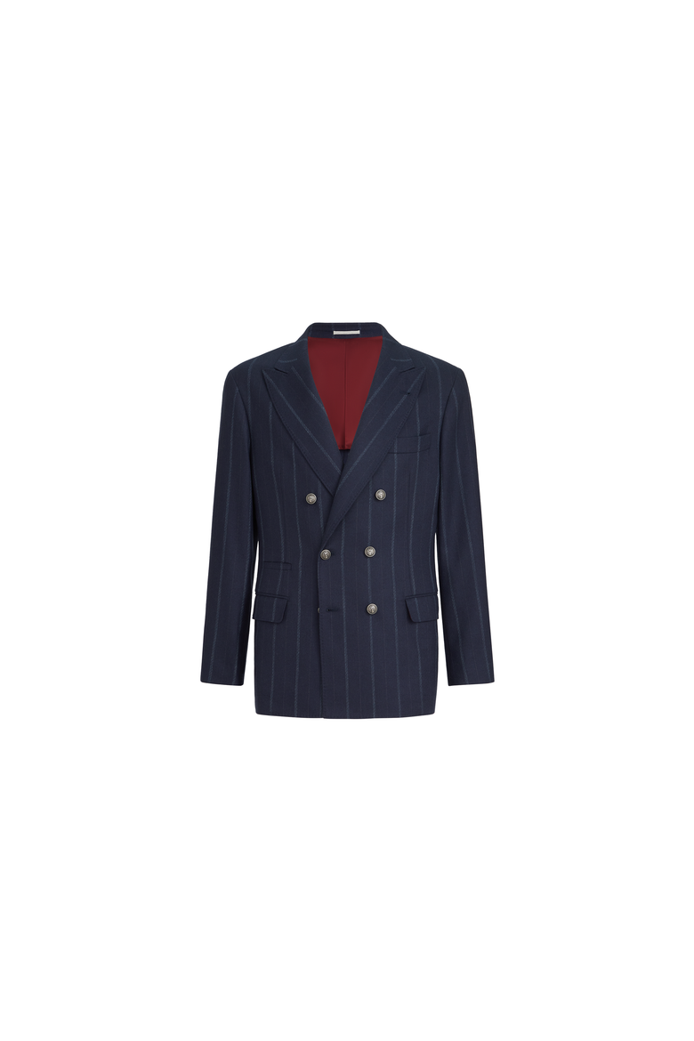 Cashmere and virgin wool multistripe twill one-and-a-half breasted deconstructed blazer with metal buttons, Alternate, color, Navy Blue