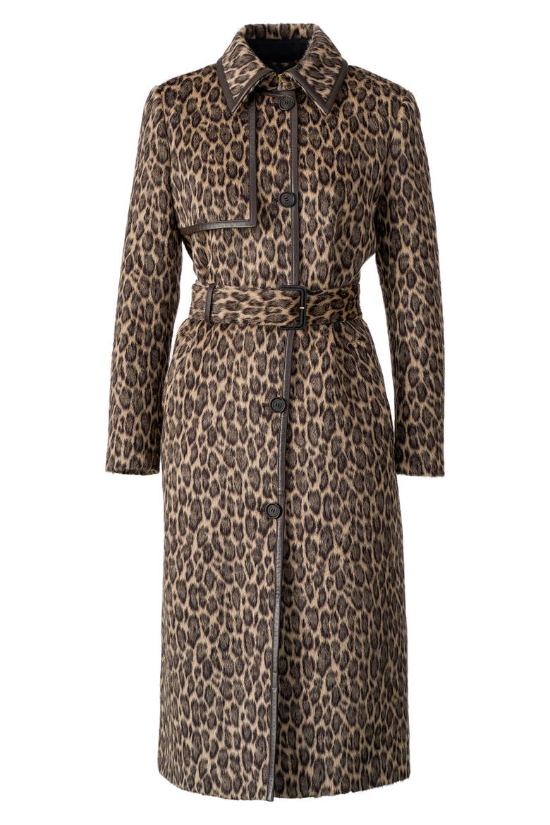 Zeva-A Leopard Pattern Wool Blend & Leather Trench Coat, Alternate, color, LIGHT CAMEL MULTI