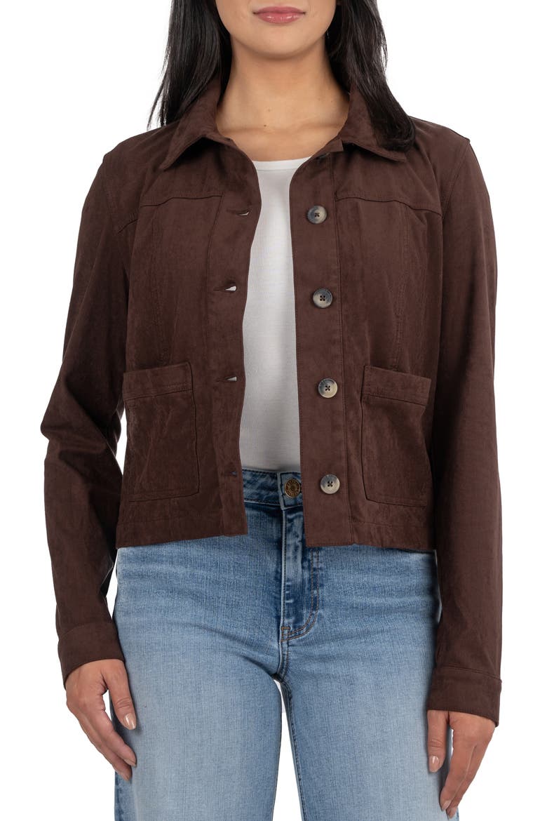 Maddie Faux Suede Trucker Jacket, Main, color, CHOCOLATE