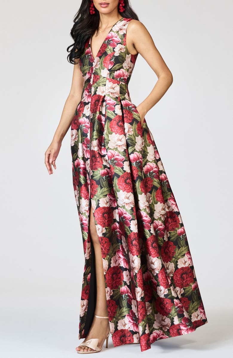Sachin & Babi Brooke Pleated Floral Gown, Alternate, color, Peony Embers
