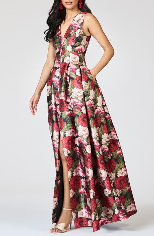 Sachin & Babi Brooke Pleated Floral-print Mikado Gown In Animal Print