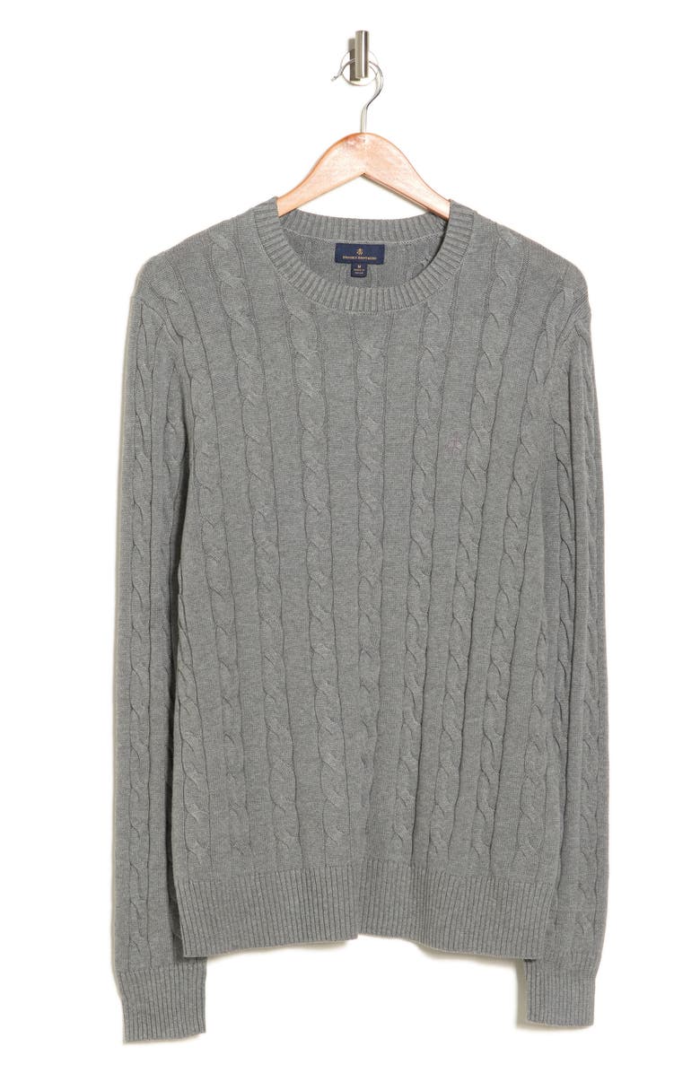 Brooks Brothers Cable Crewneck Cotton Sweater, Alternate, color, Grey