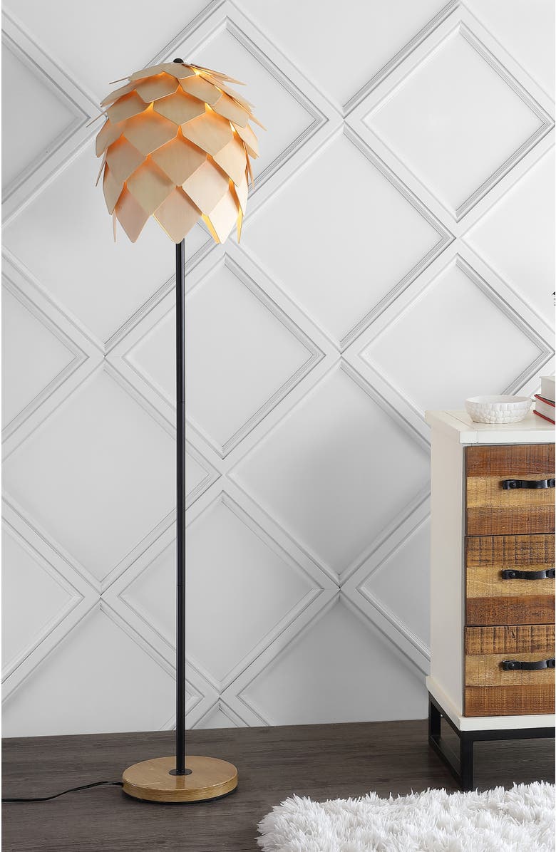 JONATHAN Y Simon 63" Pinecone Wood/Metal LED Floor Lamp, Natural/Black, Alternate, color, Natural/Black