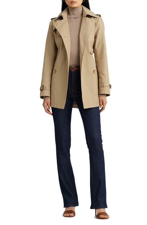Ralph Lauren Lauren Belted Double Breasted Trench Coat With Faux Leather Trim In Birch Tan