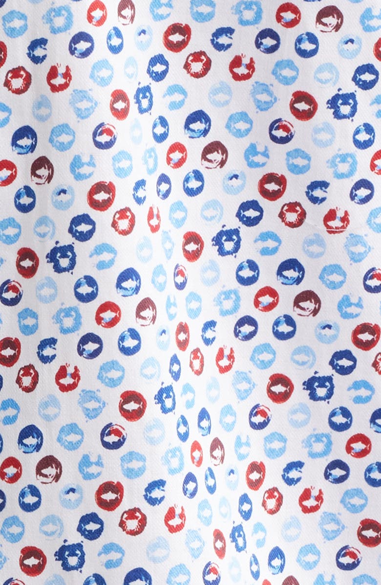 Johnston & Murphy Logan Dot Print Short Sleeve Cotton Blend Button-Up Shirt, Alternate, color, Blue / Red Ocean Icons