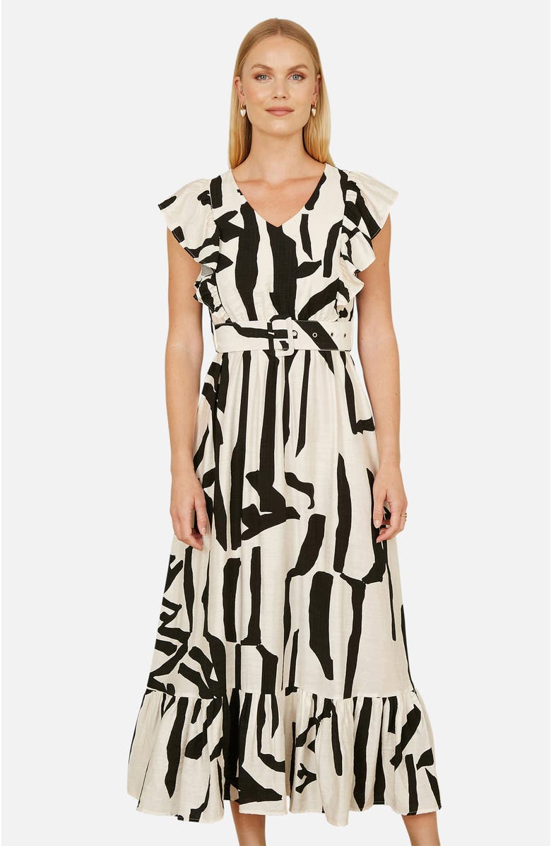 Yumi Abstract Print Viscose Midi Dress, Alternate, color, Beige