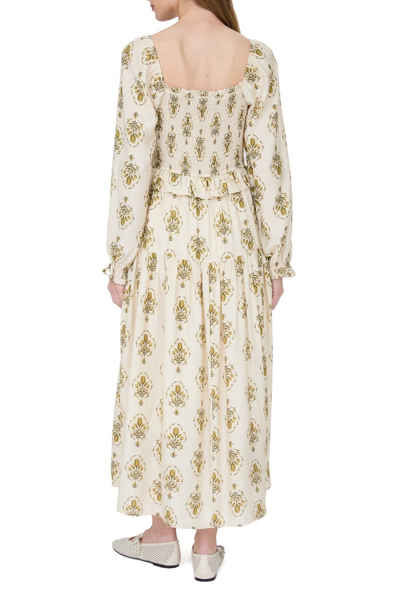 Smocked Long Sleeve Midi Dress, Alternate, color, CREAM MULTI