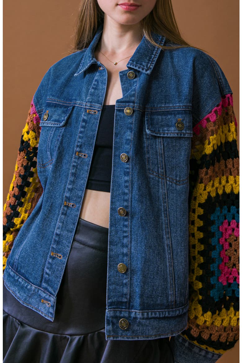 Crochet Trim Denim Jacket, Alternate, color, MEDIUM INDIGO