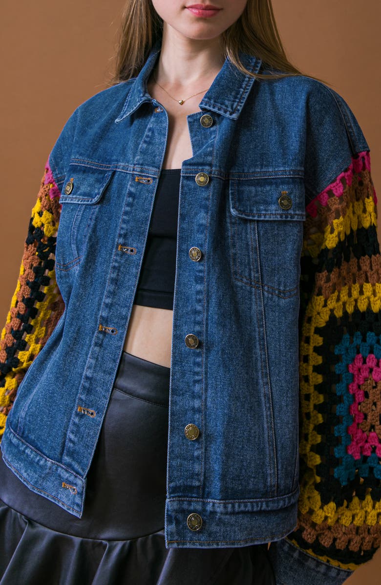 FLYING TOMATO Crochet Trim Denim Jacket, Alternate, color, Medium Indigo