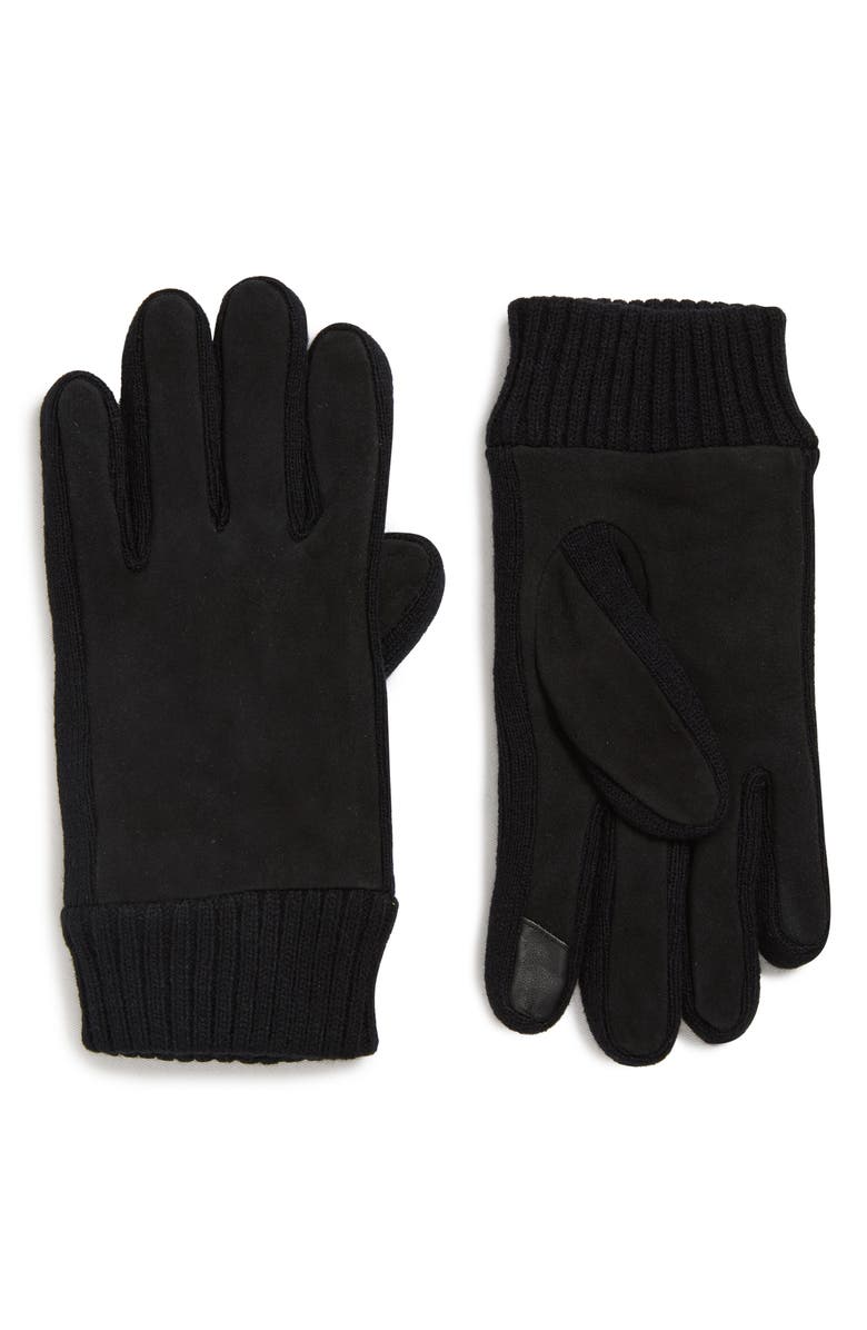 Calvin Klein Knit Cuff Suede Gloves, Main, color, Black