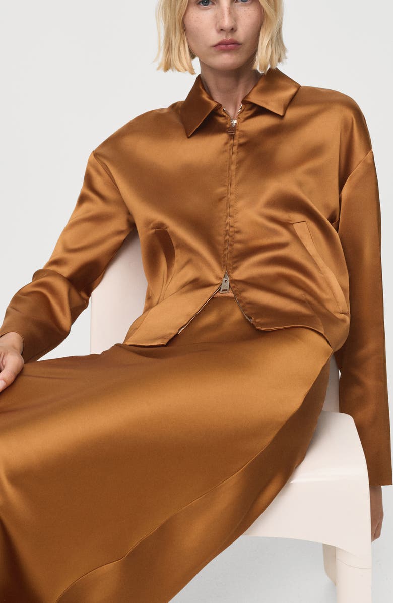 MANGO Front Zip Satin Jacket, Alternate, color, Cognac