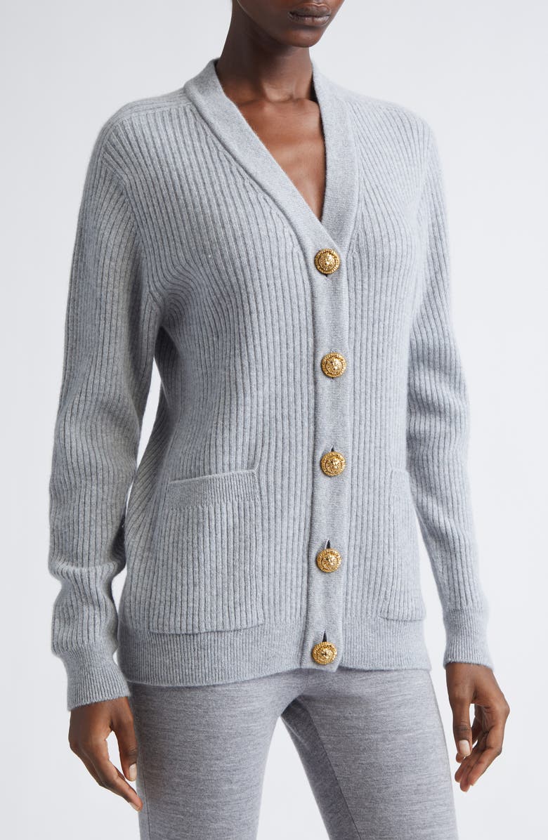 Balmain Button Detail Rib Cashmere & Virgin Wool Cardigan, Alternate, color, Heather
