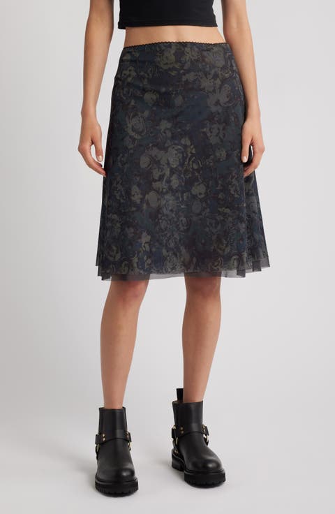 Floral Semisheer Mesh Jersey Skirt