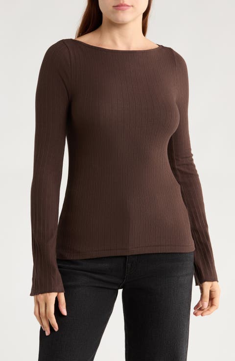 Boat Neck Long Sleeve Rib Top