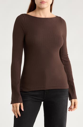 Madewell Boat Neck Long Sleeve Rib Top In Brown