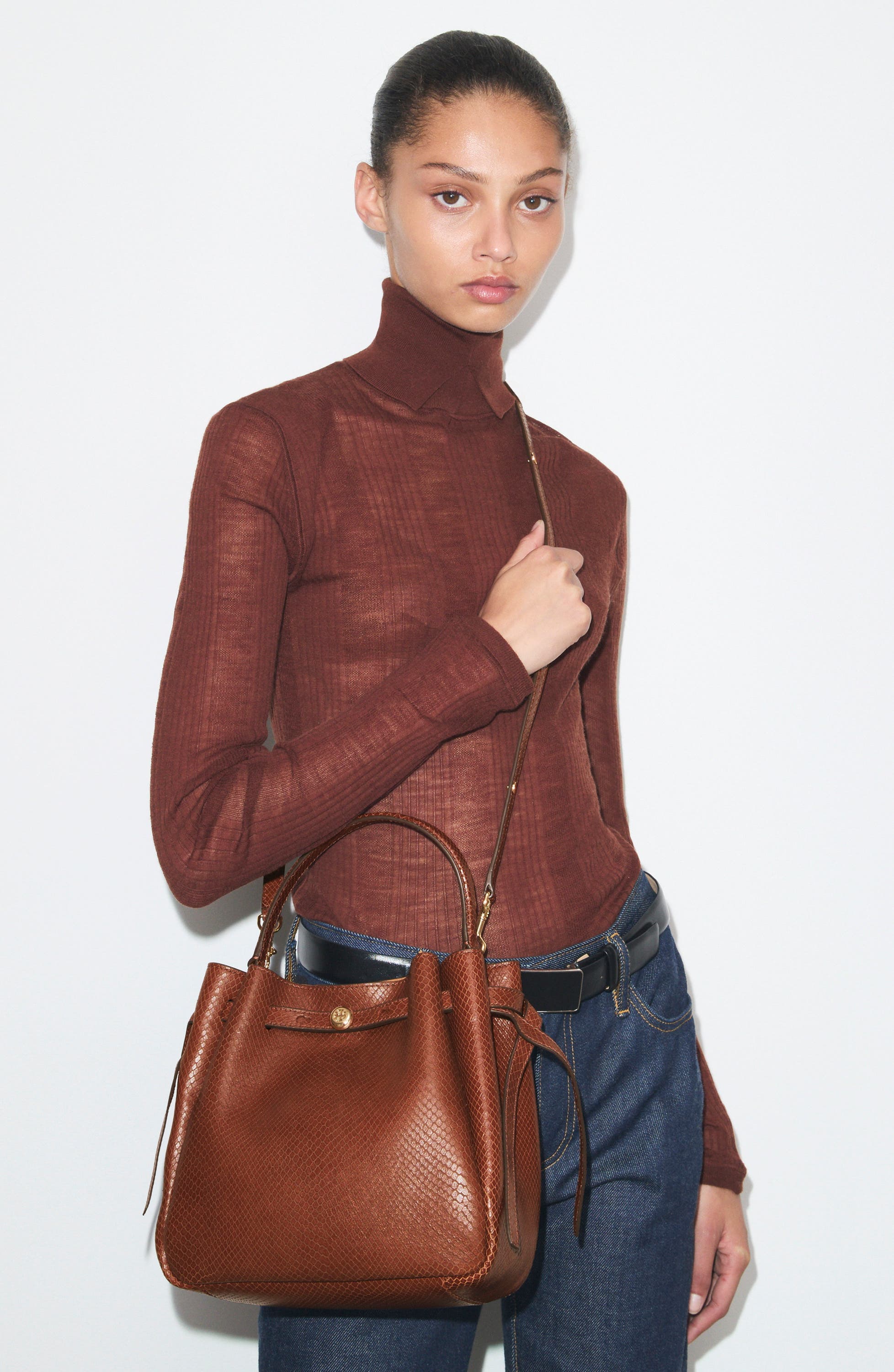 Romy Snake Embossed Leather Bucket Bag, Alternate, color, SWEET MAPLE