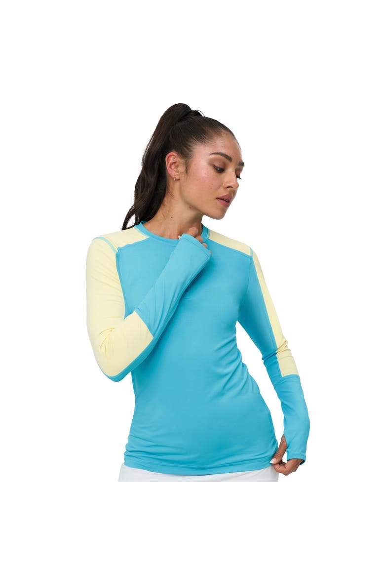 Women's Performance Quarter Zip Long Sleeve Crew Shirt for Sun and UV Protection, Main, color, Lt. Turquoise/Lemon Yellow