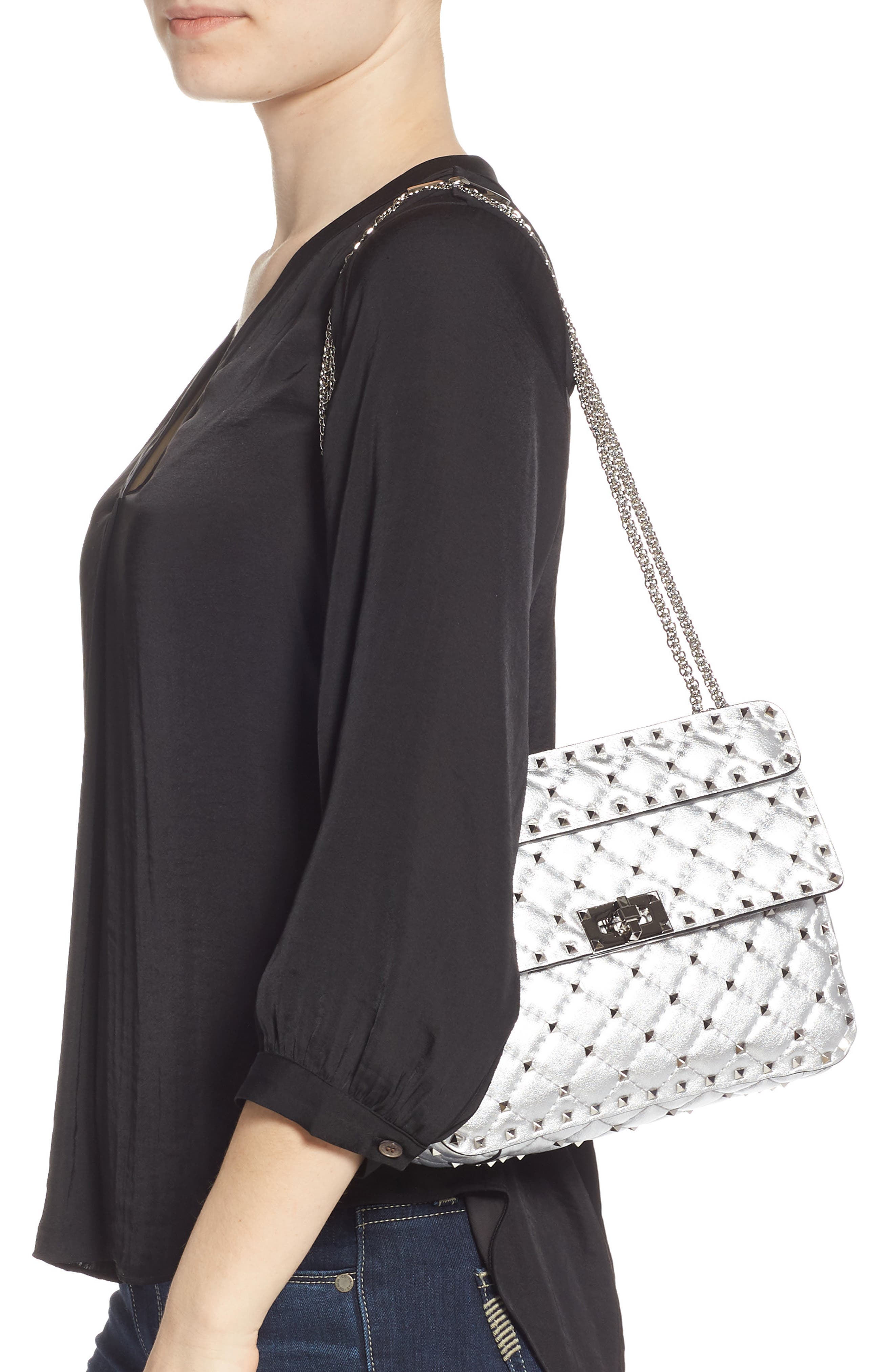 Valentino Garavani Medium Rockstud Leather Shoulder Bag, Alternate, color, 