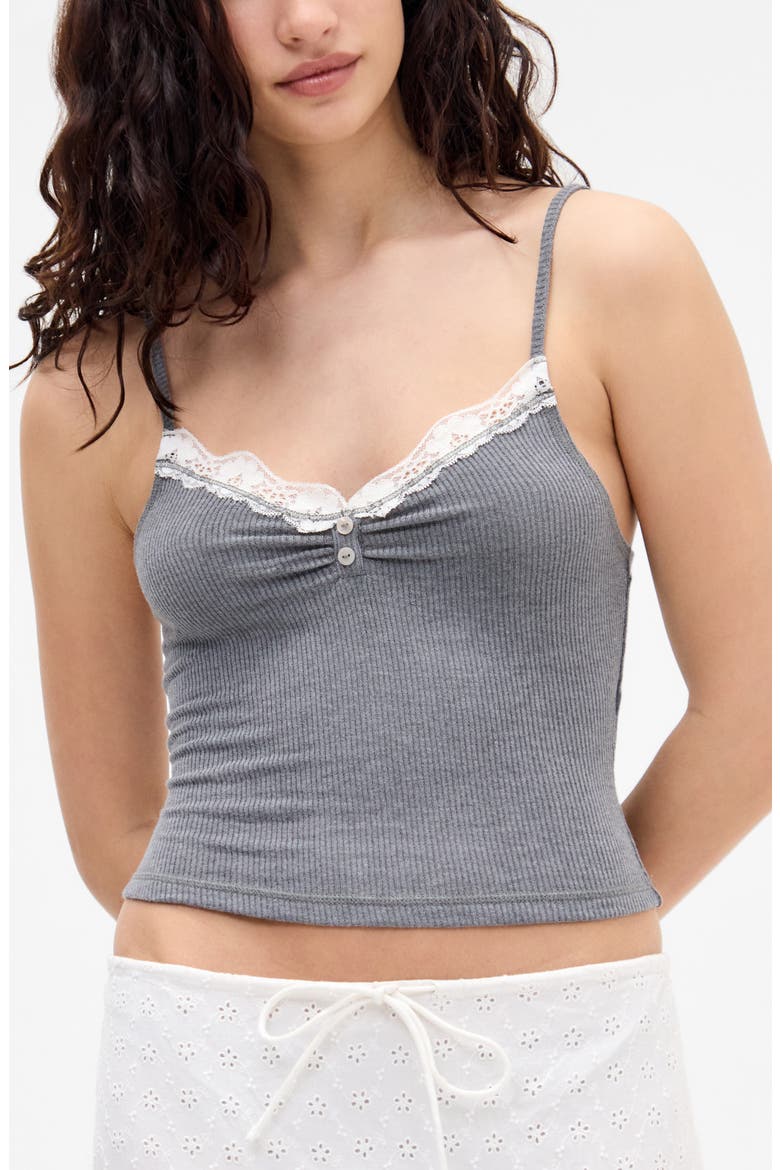 Diana Lace Trim Crop Rib Knit Camisole, Main, color, GREY