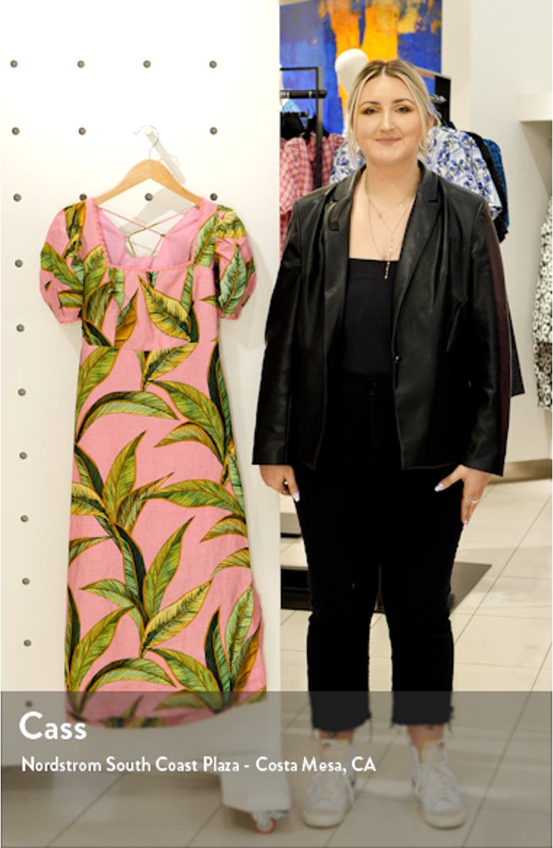 Pink Foliage Cross Back Linen Midi Dress, sales video thumbnail