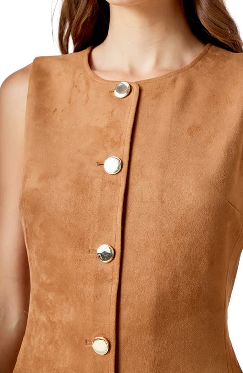 Endless Rose Faux Suede Round Neck Buttoned Mini Dress Camel In Brown