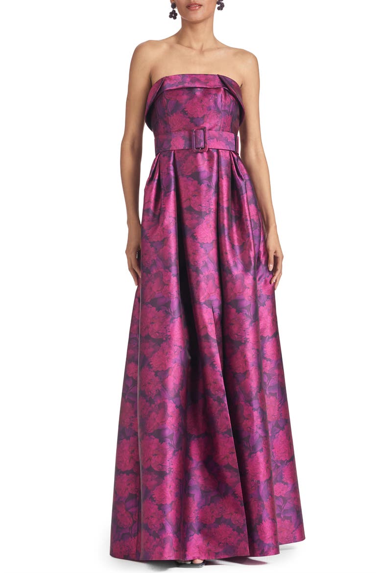 Brielle Floral Strapless Mikado Gown, Main, color, MAGENTA BLOOM