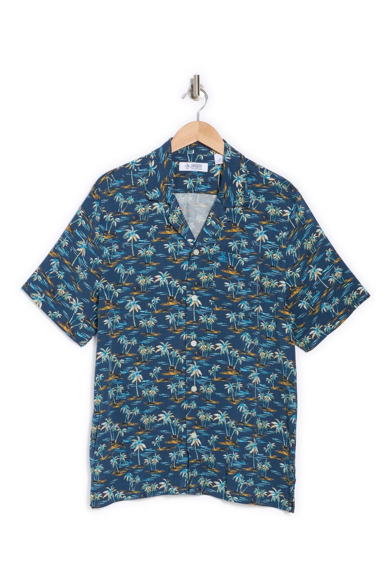Beach Print Slim Fit Camp Shirt, Alternate, color, BLUE WING TEAL