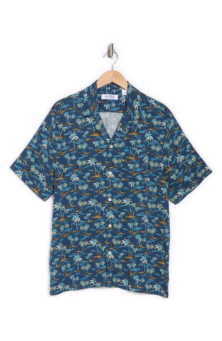 Original Penguin Beach Print Slim Fit Camp Shirt, Alternate, color, Blue Wing Teal